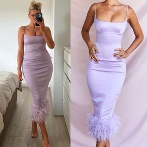 House of CB- Orchid Satin Midi Dress Size S Lavender Purple Feather Hem